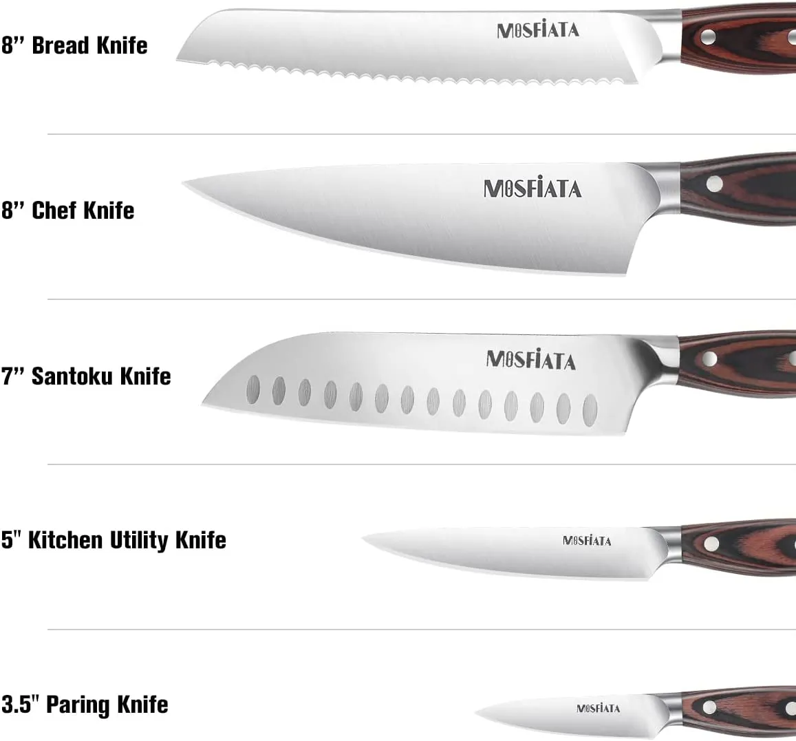 MOSFiATA Set 5 Coltelli Cucina Acciaio Chef Pane Verdure