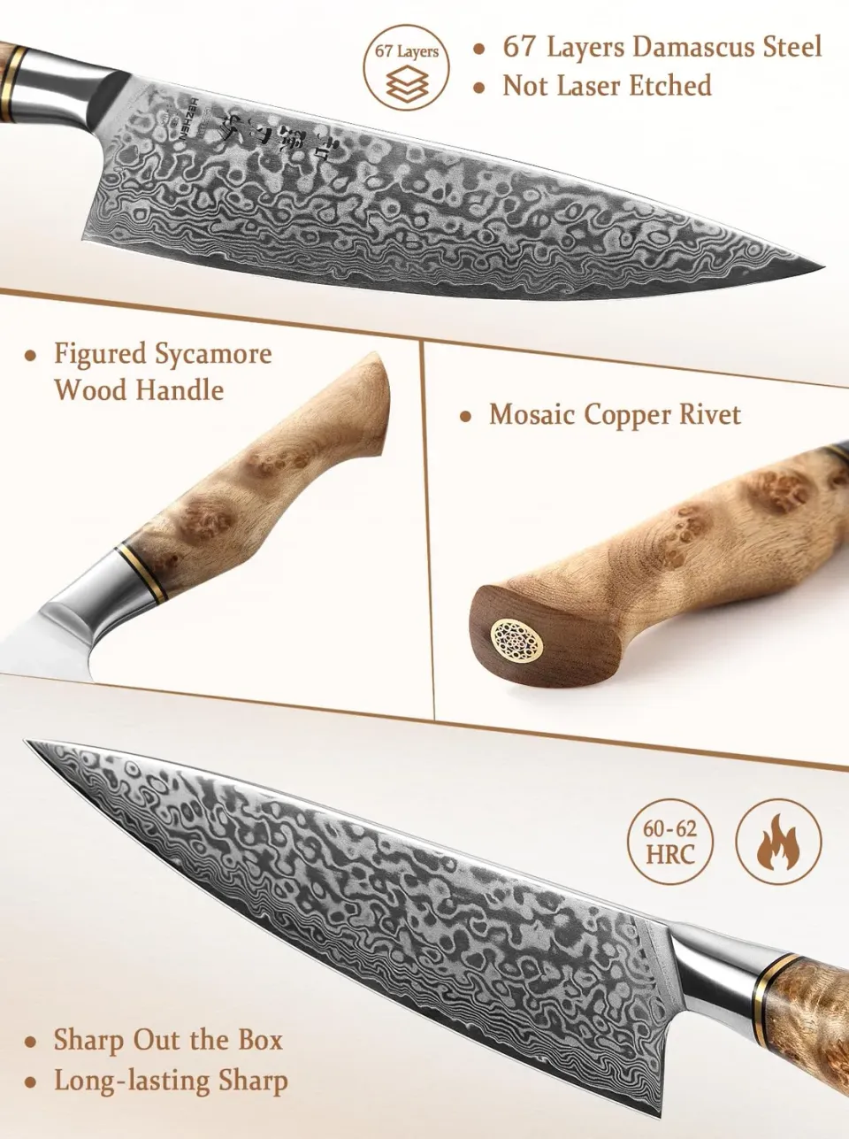 Hezhen Master Chef 21 cm Damasco 67 Strati Legno