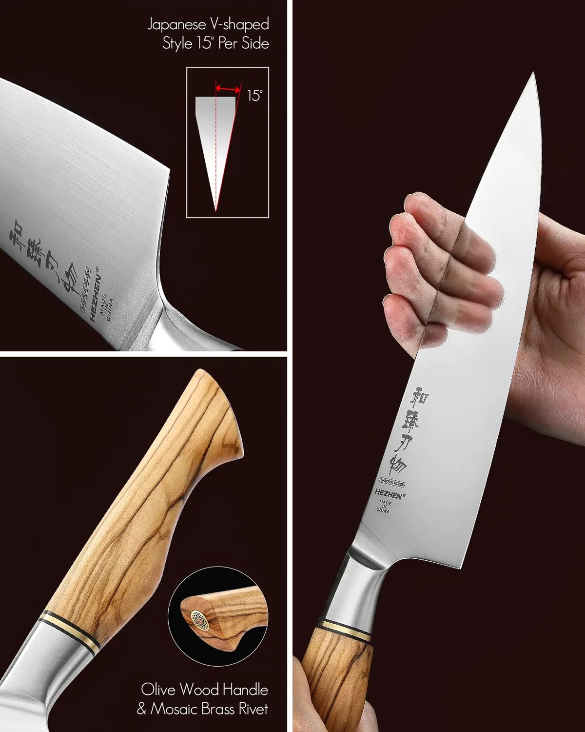 HEZHEN set coltelli cucina 5 pezzi acciaio svedese ulivo