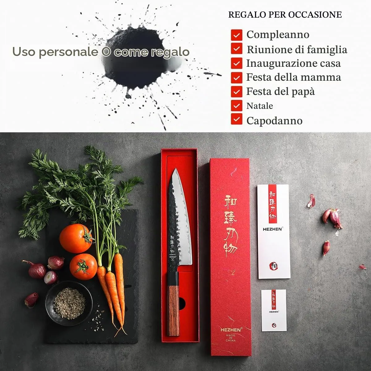 Hezhen Retro coltello da chef con fodero acciaio carbonio