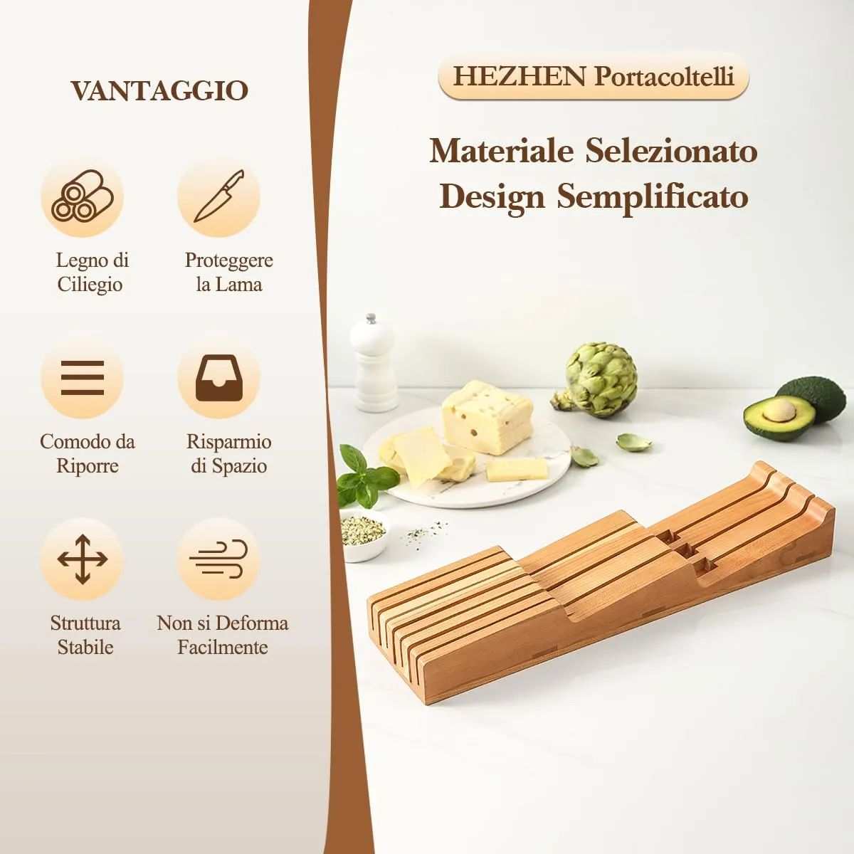 HEZHEN Portacoltelli Cassetto Legno Ciliegio 7 Posti