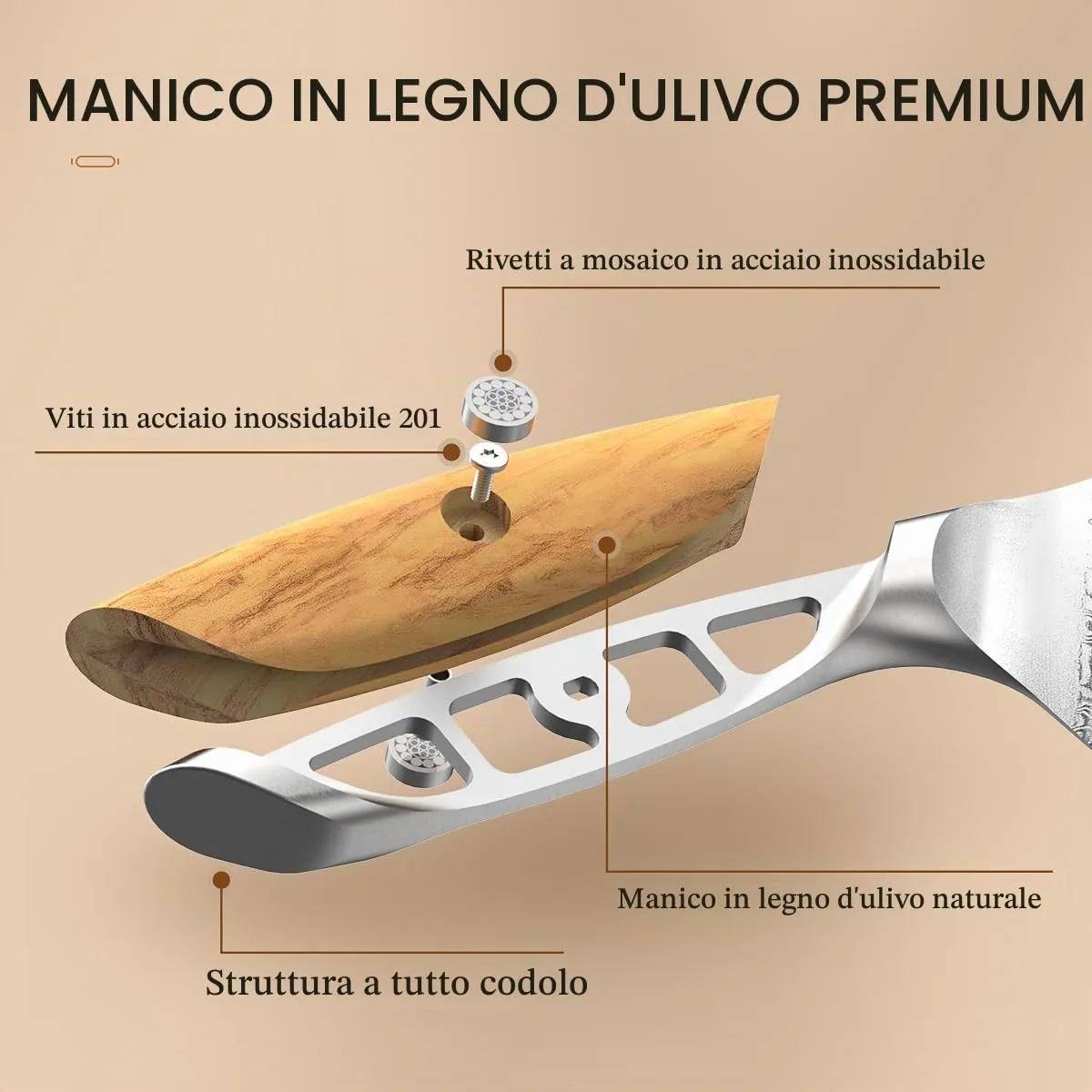 HEZHEN Damasco Set Coltelli Cucina 5 Pezzi Ulivo