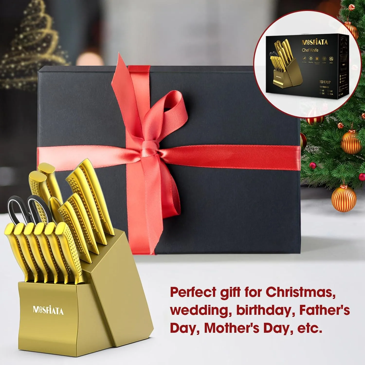 MOSFiATA Set 17 Coltelli Ceppo Oro Acciaio Inox
