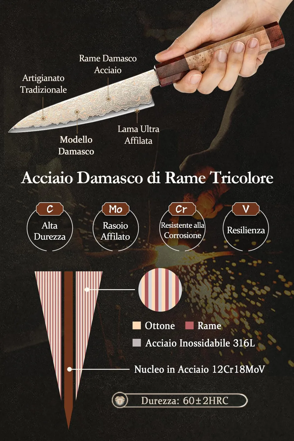 Hezhen Coltello Universale Damasco 14 cm Legno Scatola