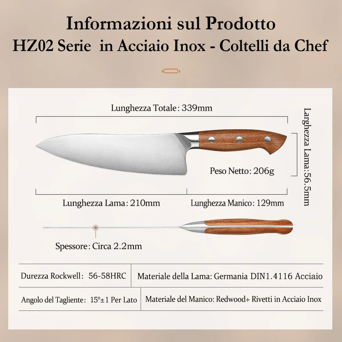HEZHEN 21 cm coltello da chef acciaio tedesco con fodero