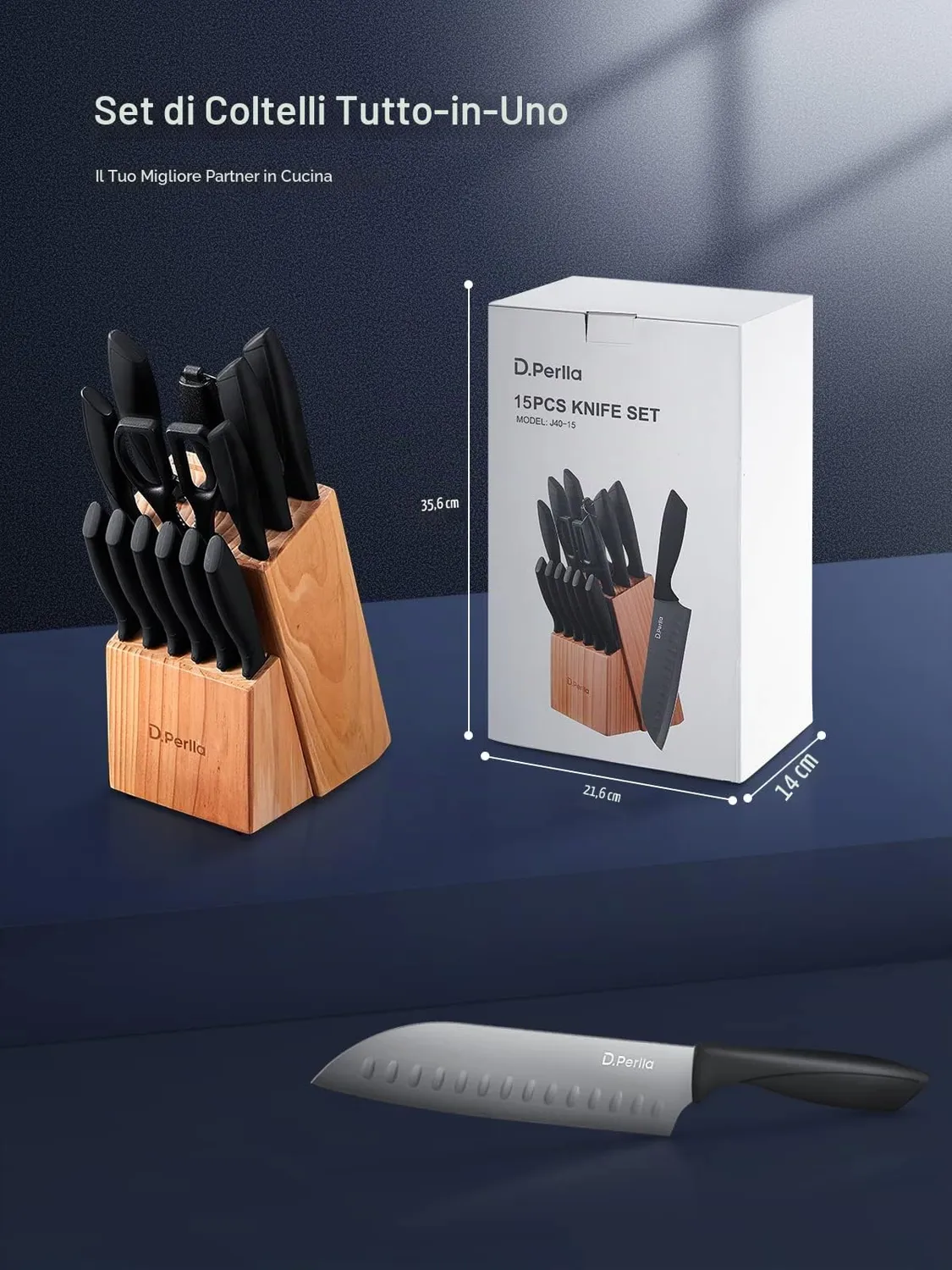 D.Perlla set coltelli 15 pezzi ceppo legno antiaderenti