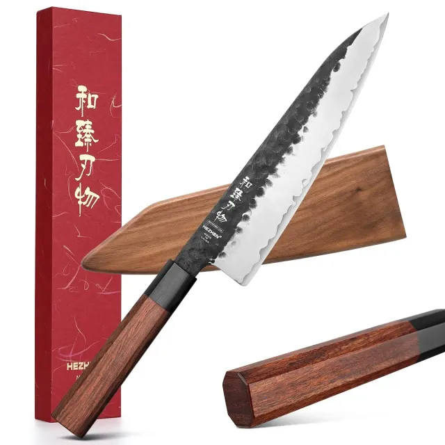 Hezhen Retro coltello da chef con fodero acciaio carbonio