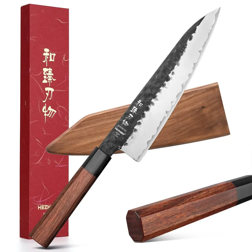 Hezhen Retro coltello da chef con fodero acciaio carbonio