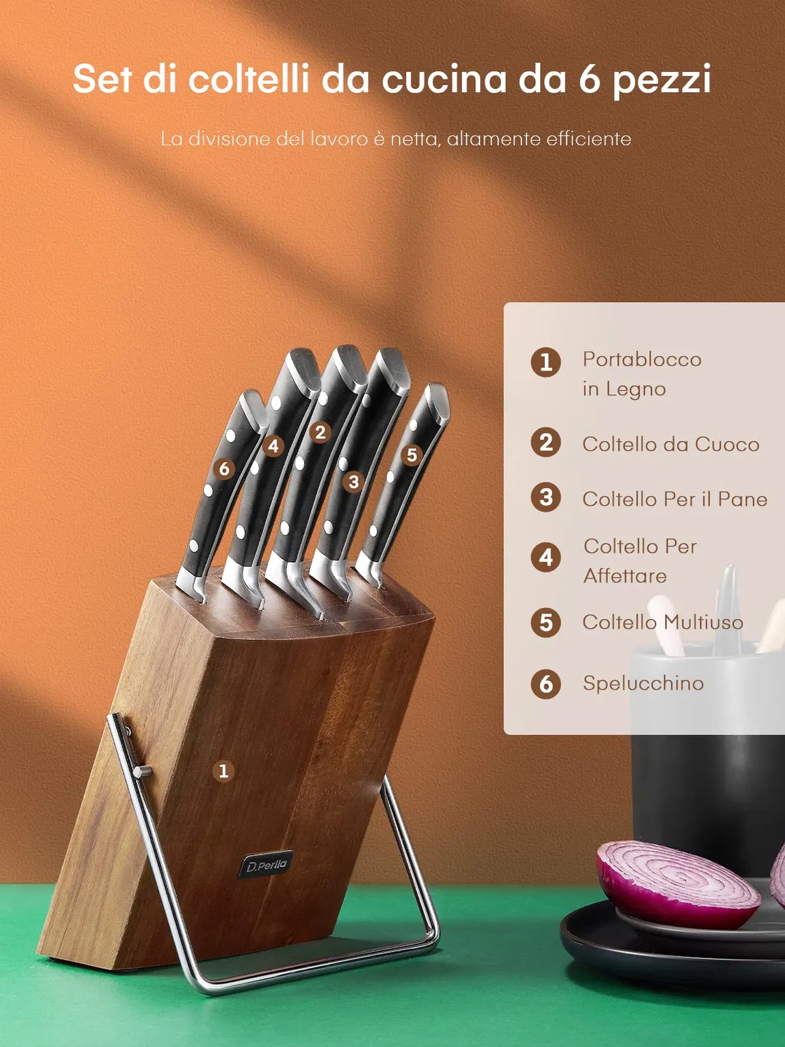 D.Perlla set coltelli cucina 6 pezzi acciaio ceppo legno