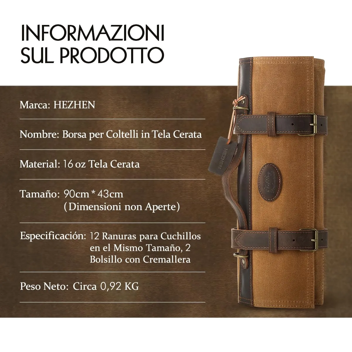 Hezhen Chef Borsa Portacoltelli Tela Ocra 12 Posti