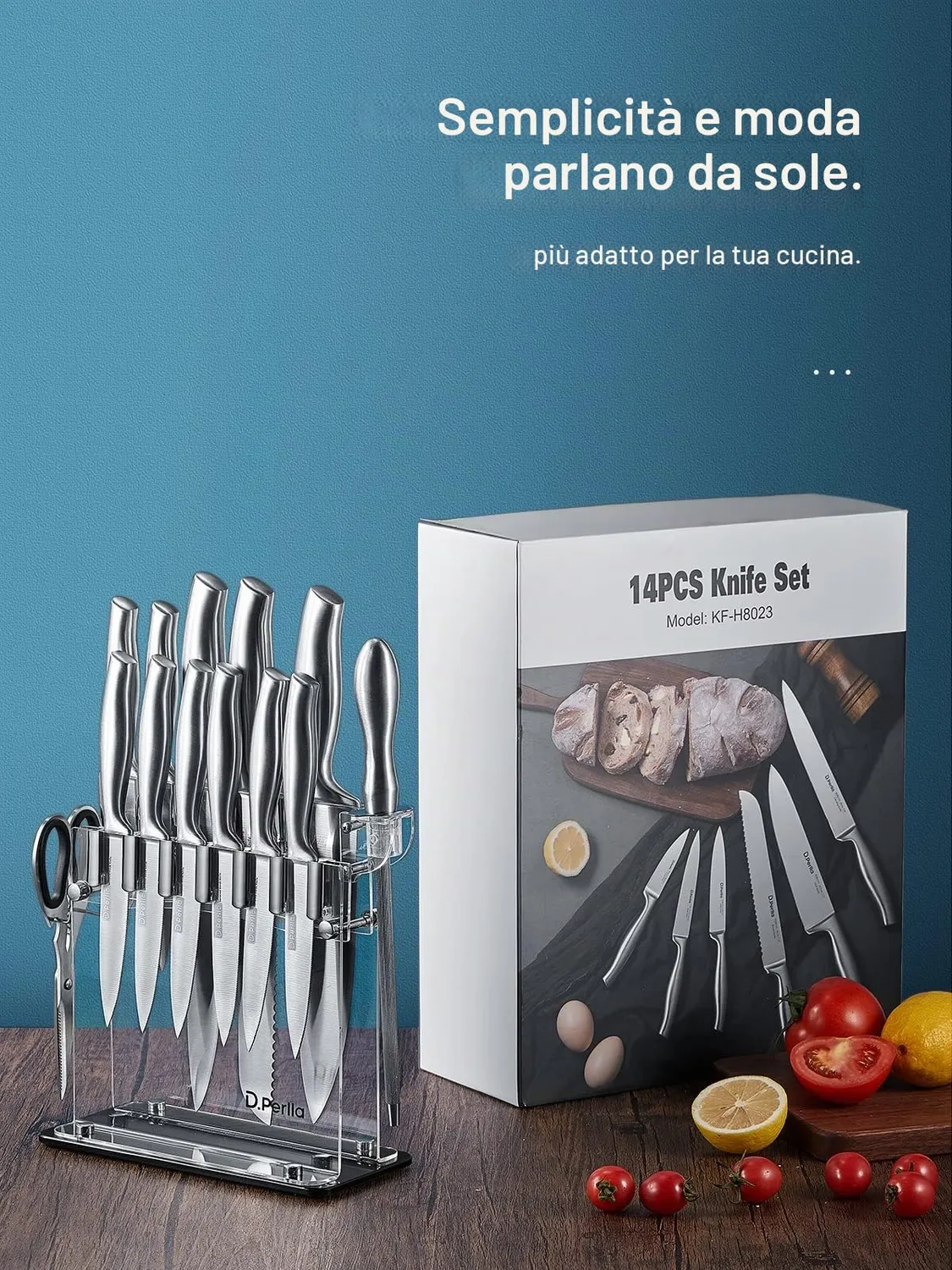 D.Perlla set coltelli cucina 14 pezzi acciaio con ceppo