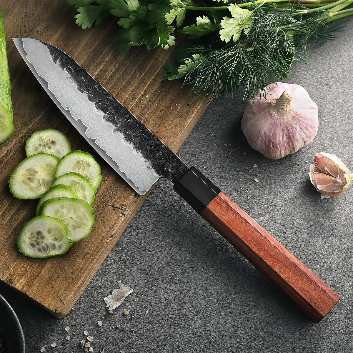Hezhen Santoku coltello giapponese 14 cm stone wash