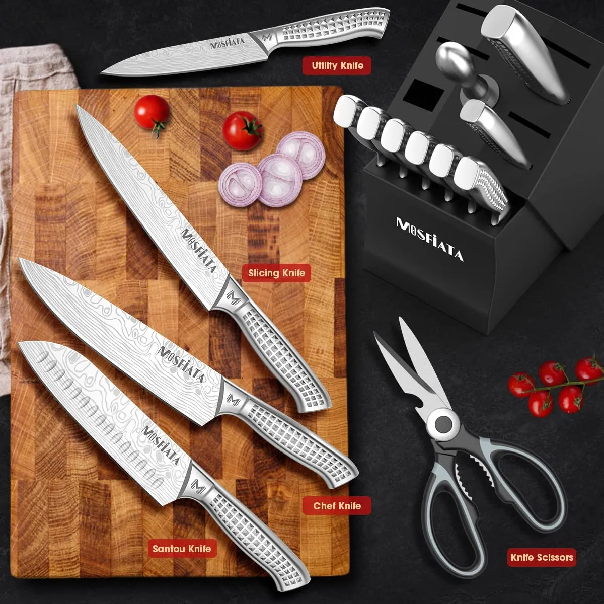 MOSFiATA set coltelli cucina 17 pezzi ceppo acciaio inox