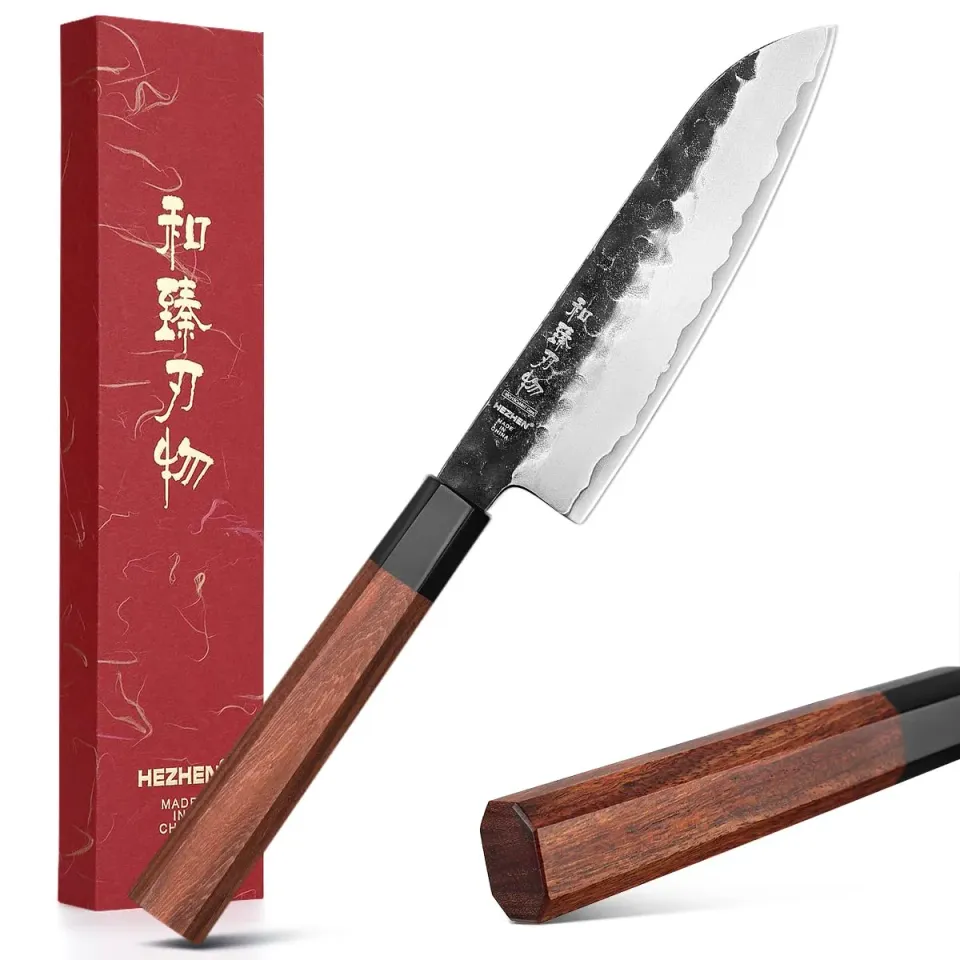 Hezhen Santoku coltello giapponese 14 cm stone wash
