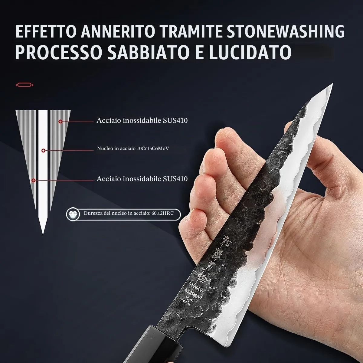 Hezhen Retro coltello spelucchino Honesuki rossonero