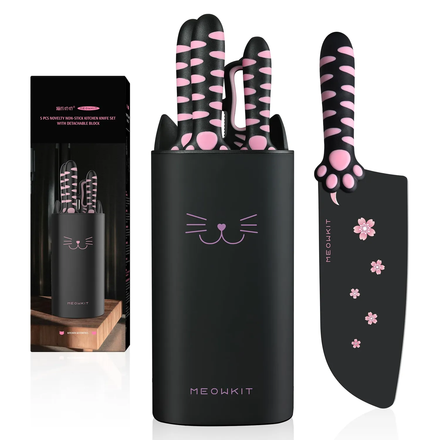 Meowkit Zampa Gatto Set Coltelli Cucina 5 Pezzi Nero-Rosa