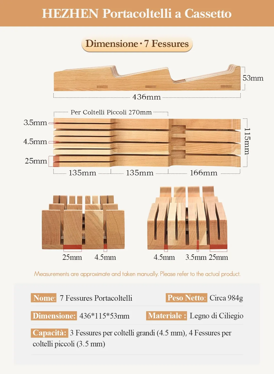 HEZHEN Portacoltelli Cassetto Legno Ciliegio 7 Posti