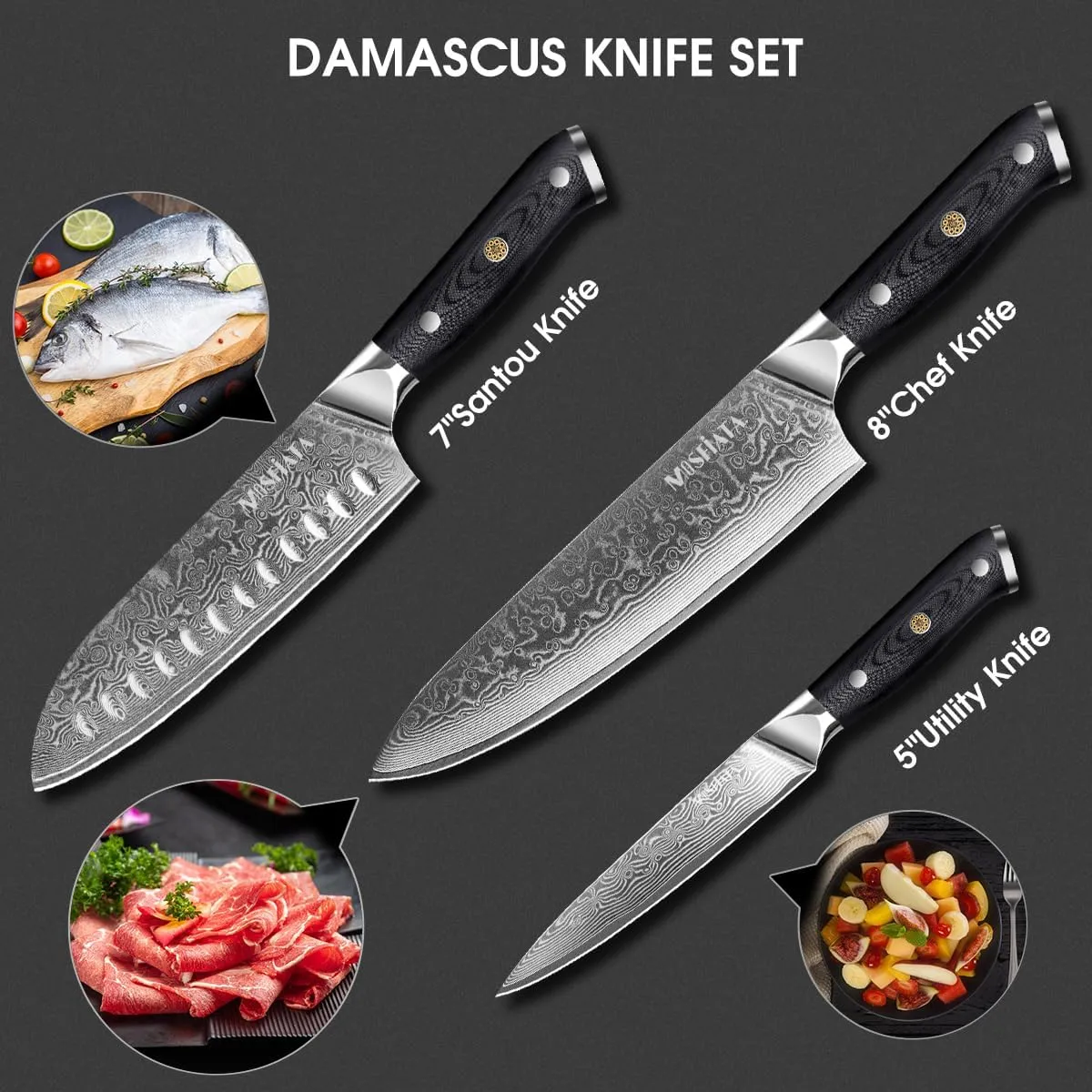 MOSFiATA Professional Damascus set coltelli 3 pezzi VG-10