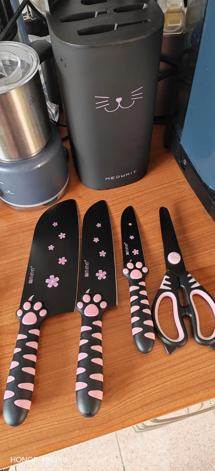 Meowkit Zampa Gatto Set Coltelli Cucina 5 Pezzi Nero-Rosa