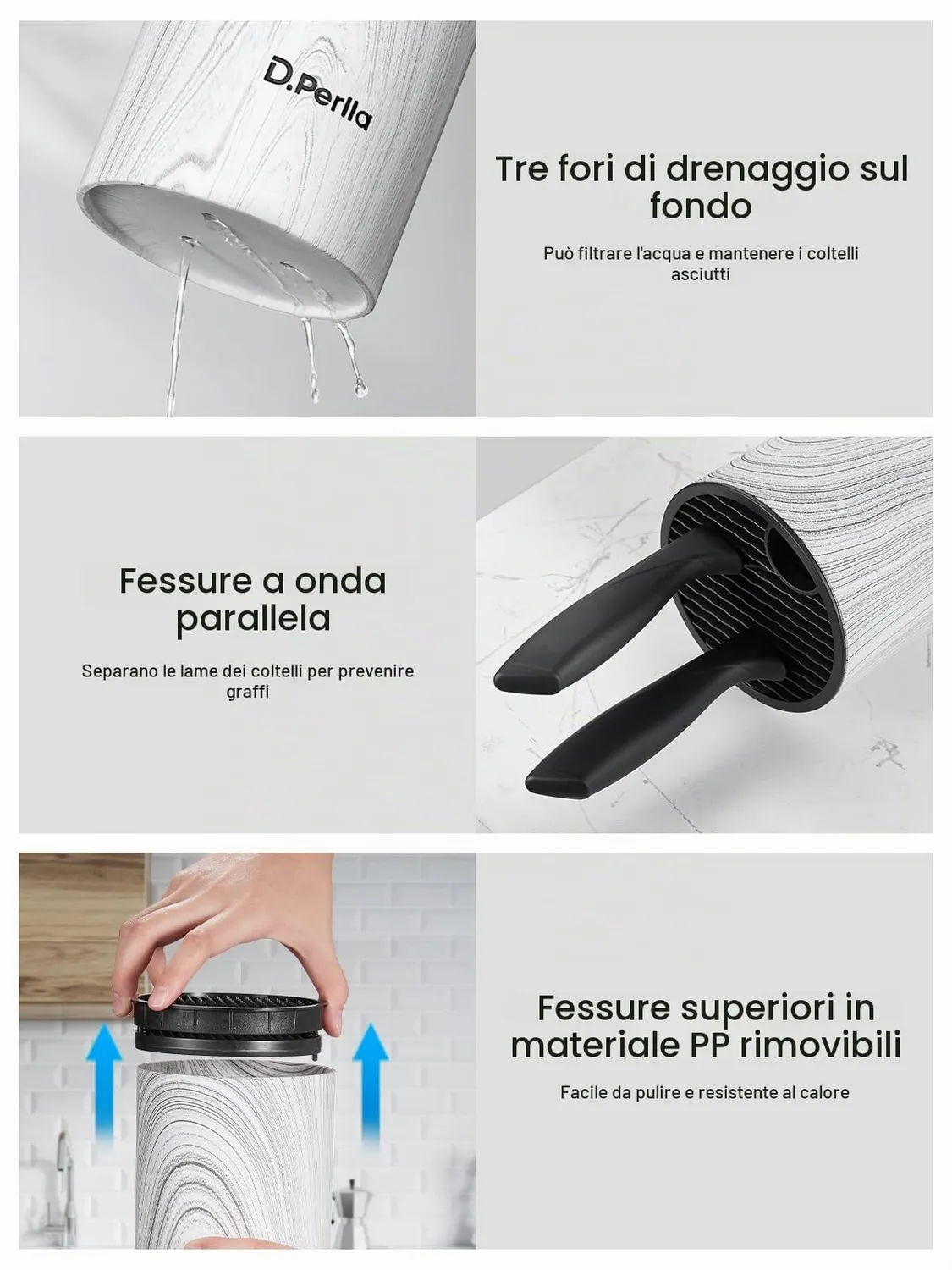 D.Perlla set coltelli cucina 7 pezzi nero acciaio inox
