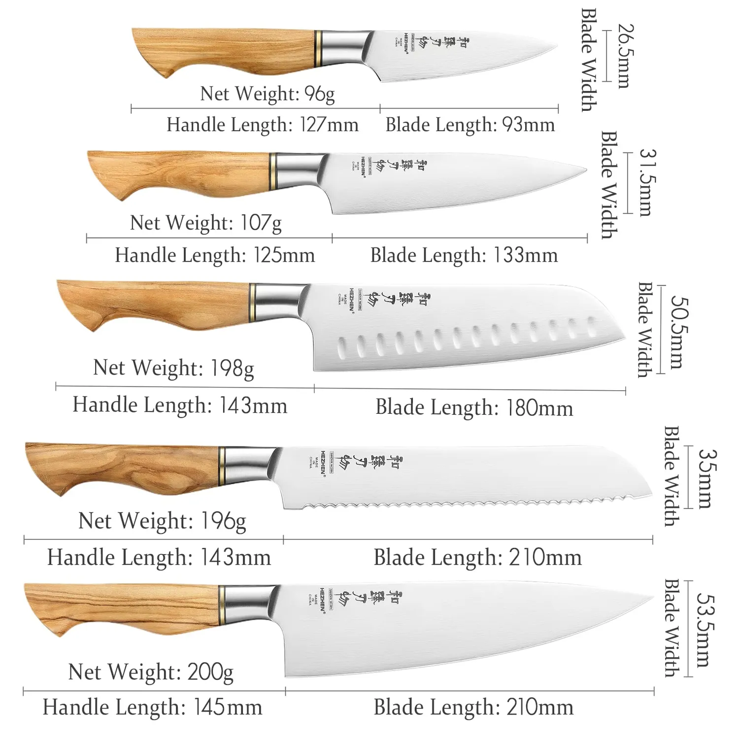 HEZHEN set coltelli cucina 5 pezzi acciaio svedese ulivo