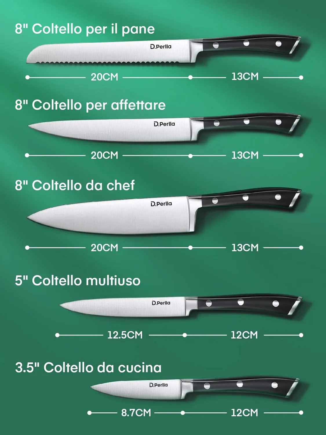 D.Perlla set coltelli cucina 6 pezzi acciaio ceppo legno