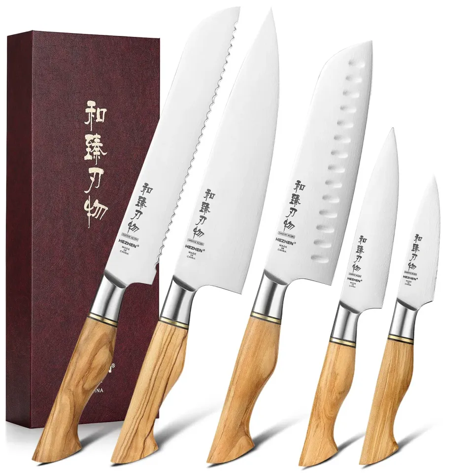 HEZHEN set coltelli cucina 5 pezzi acciaio svedese ulivo