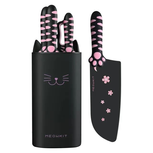 Meowkit Zampa Gatto Set Coltelli Cucina 5 Pezzi Nero-Rosa