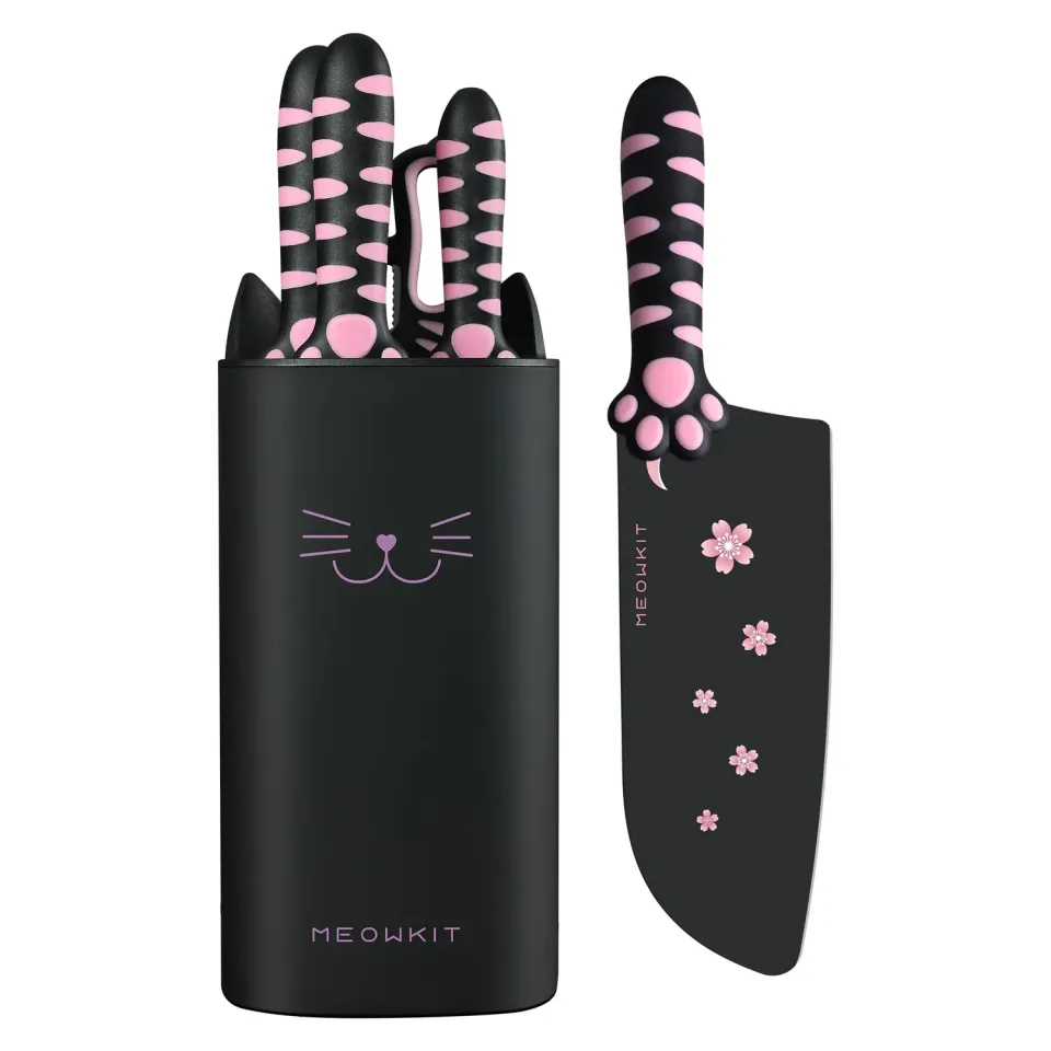 Meowkit Zampa Gatto Set Coltelli Cucina 5 Pezzi Nero-Rosa