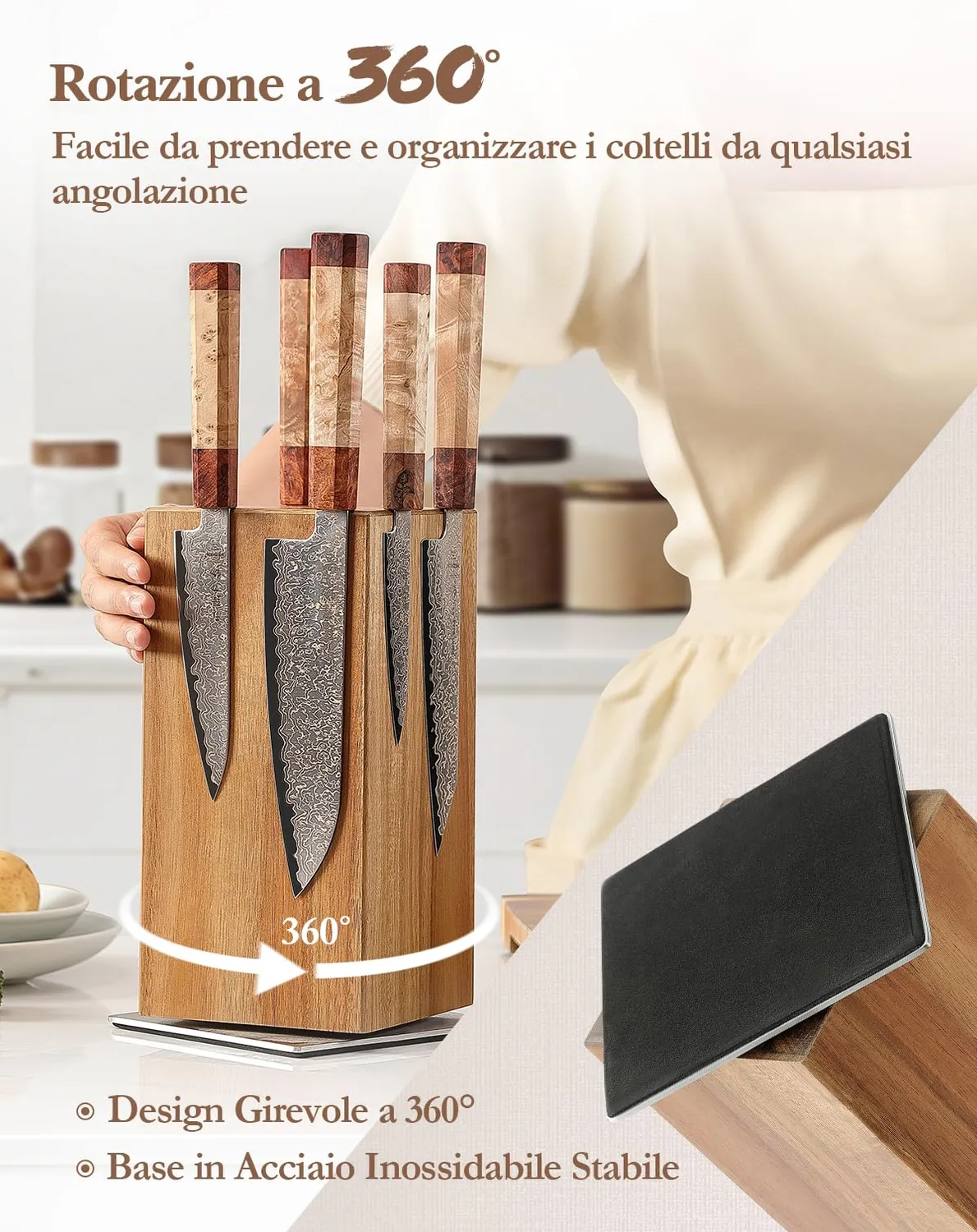 Hezhen ceppo portacoltelli magnetico girevole 360° acacia