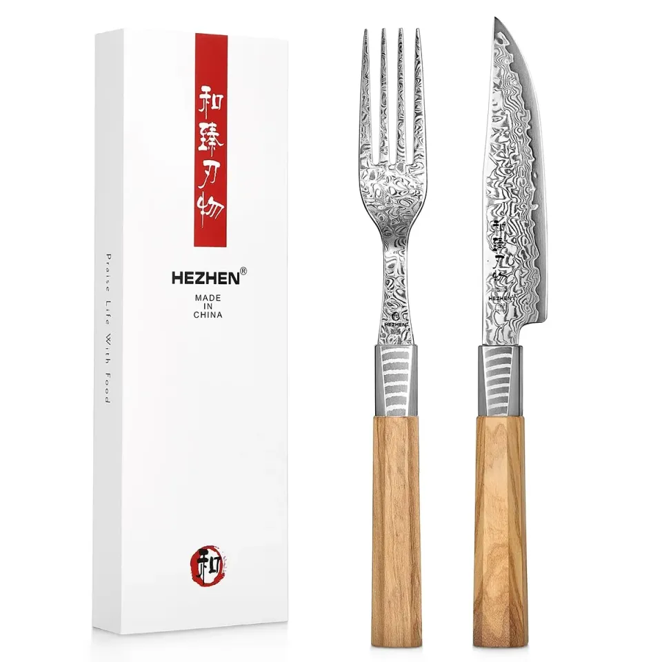 HEZHEN Damasco Set Bistecca Coltello e Forchetta Ulivo