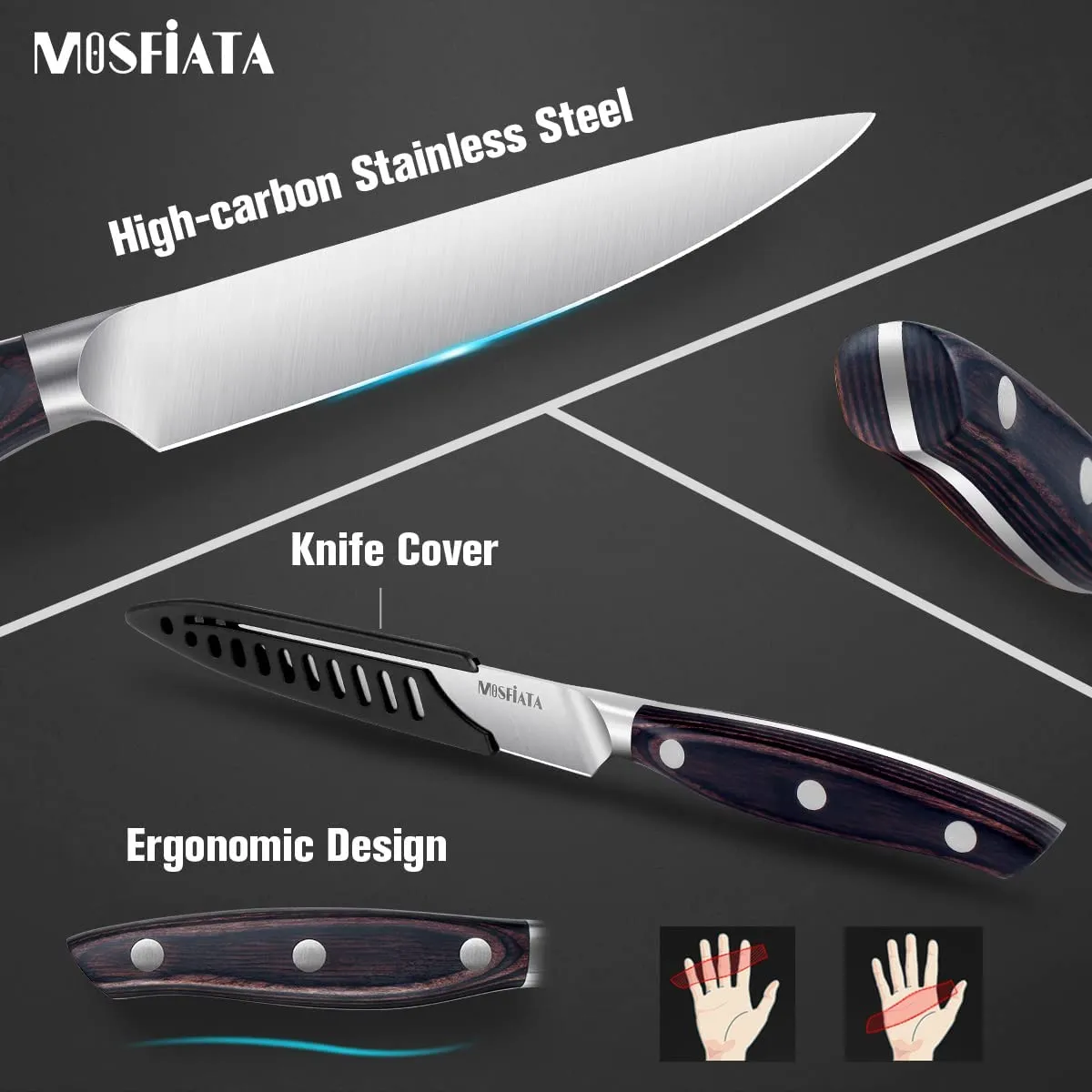 MOSFiATA Set 5 Coltelli Cucina Acciaio Chef Pane Verdure