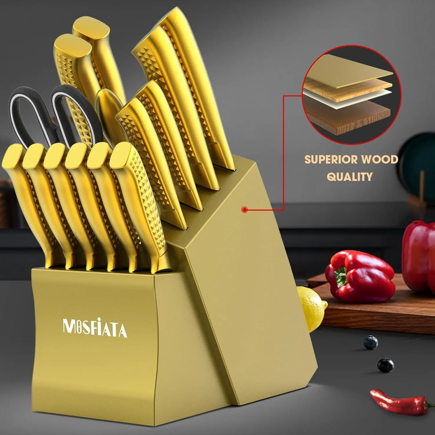 MOSFiATA Set 17 Coltelli Ceppo Oro Acciaio Inox