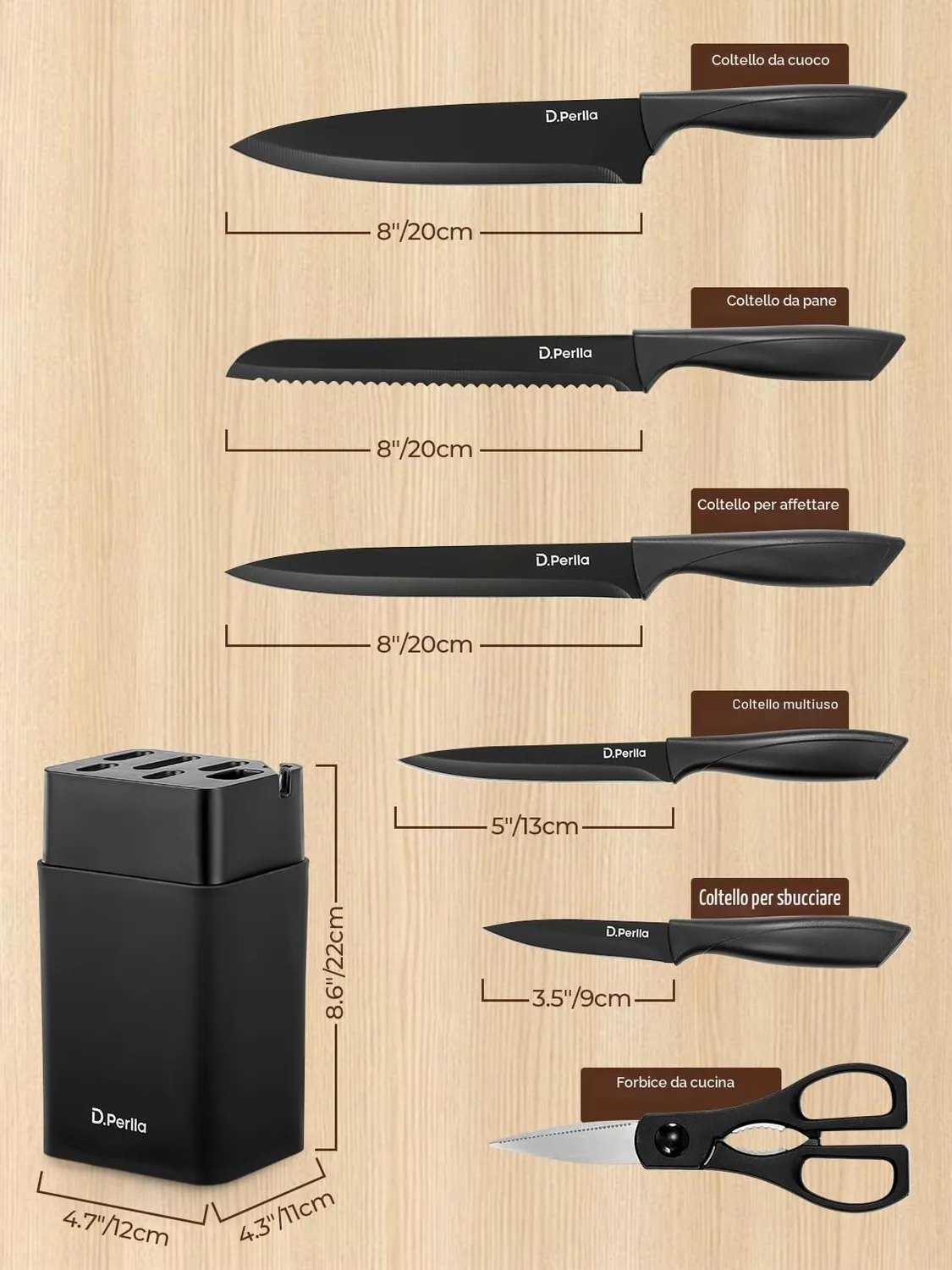 D.Perlla Set Coltelli Cucina 7 Pezzi Nero Antiaderente
