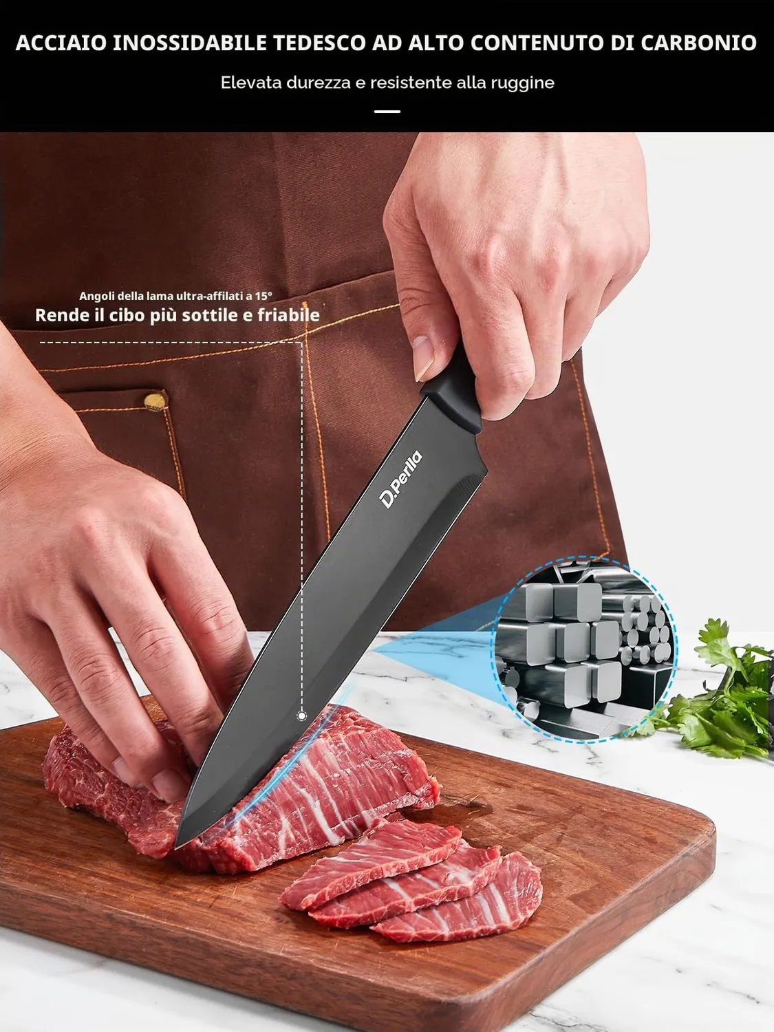 D.Perlla set coltelli cucina 7 pezzi nero acciaio inox