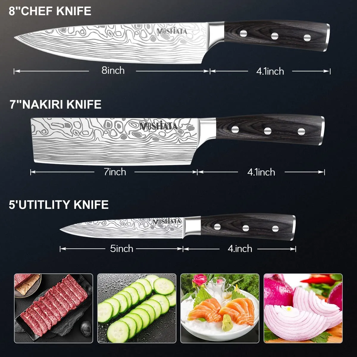 MOSFiATA Set 3 Coltelli Chef 8 Nakiri 7 Utility 5 Acciaio Tedesco