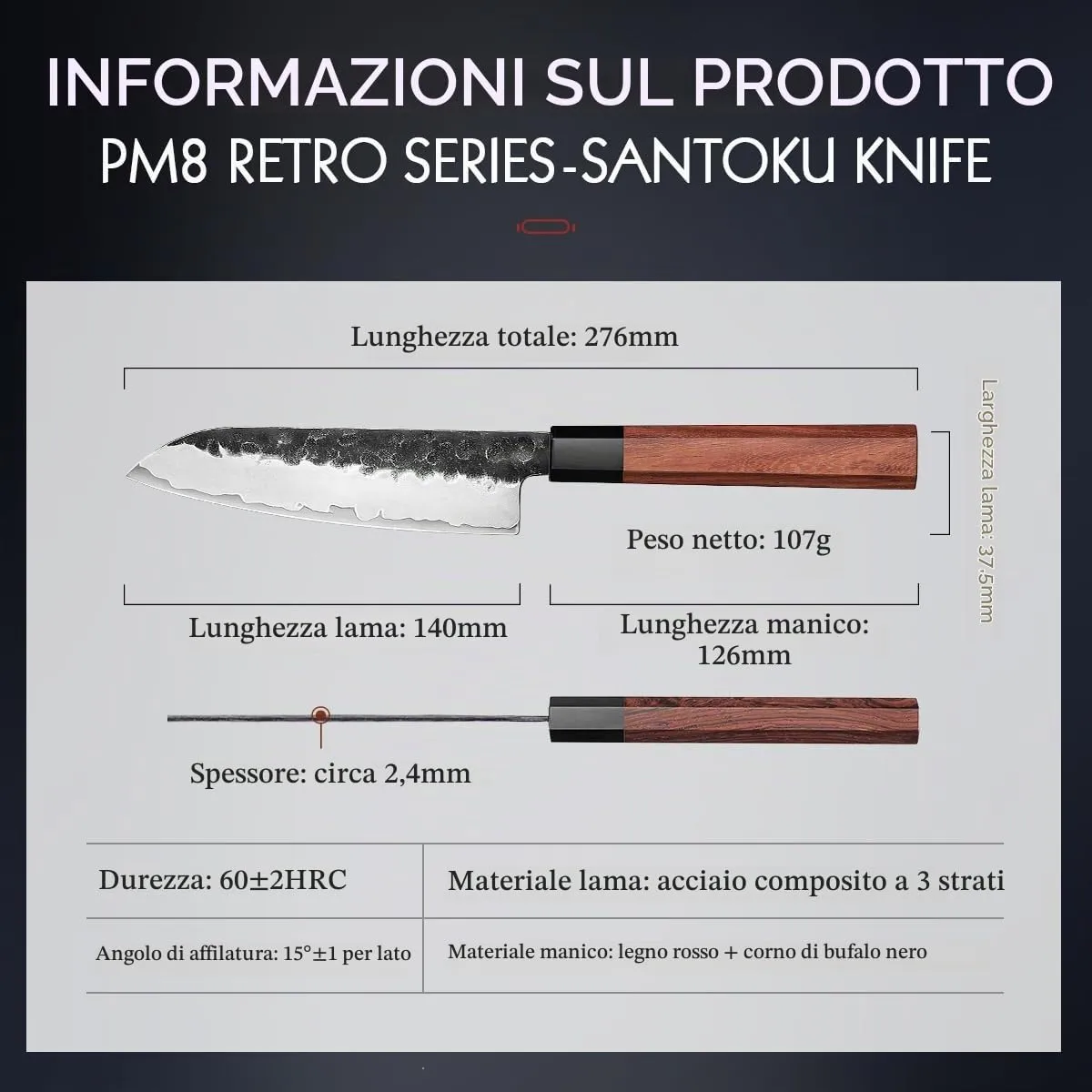 Hezhen Santoku coltello giapponese 14 cm stone wash