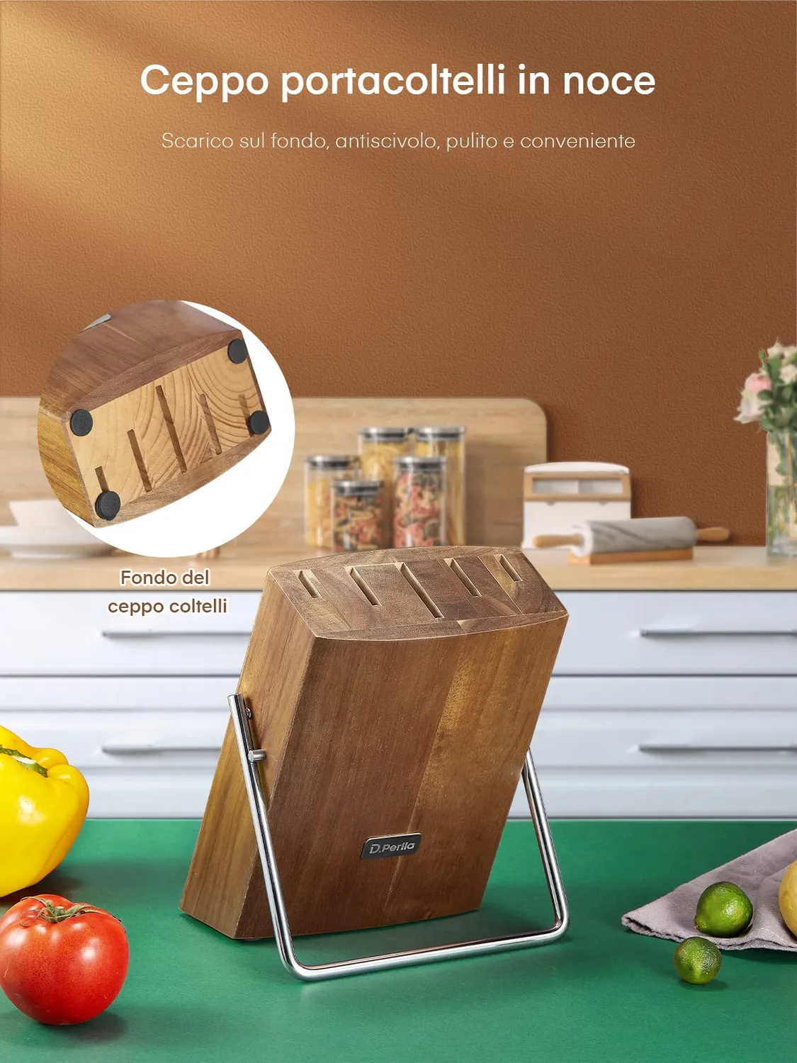 D.Perlla set coltelli cucina 6 pezzi acciaio ceppo legno