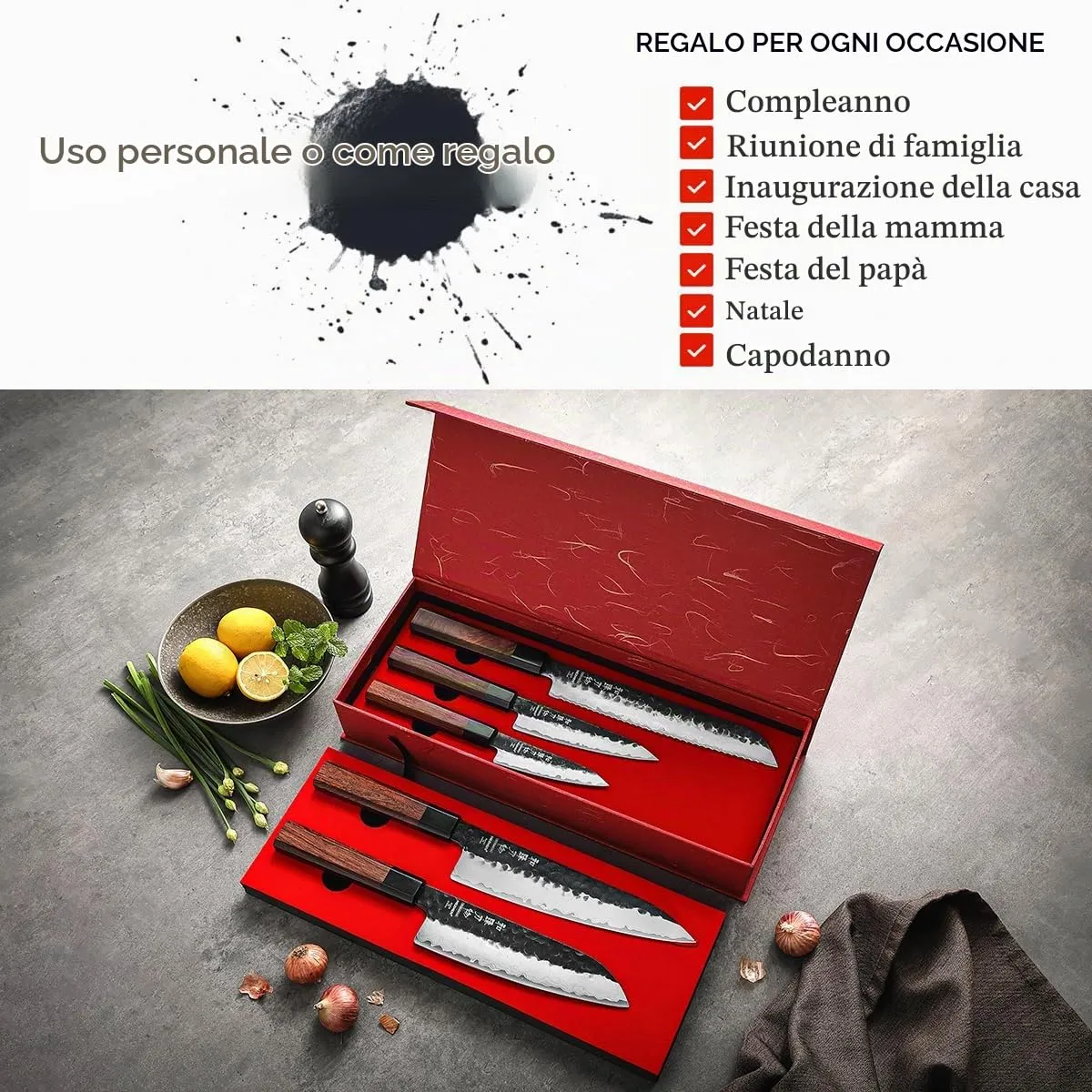 Hezhen set coltelli cucina 5 pezzi manico ottagonale damasco