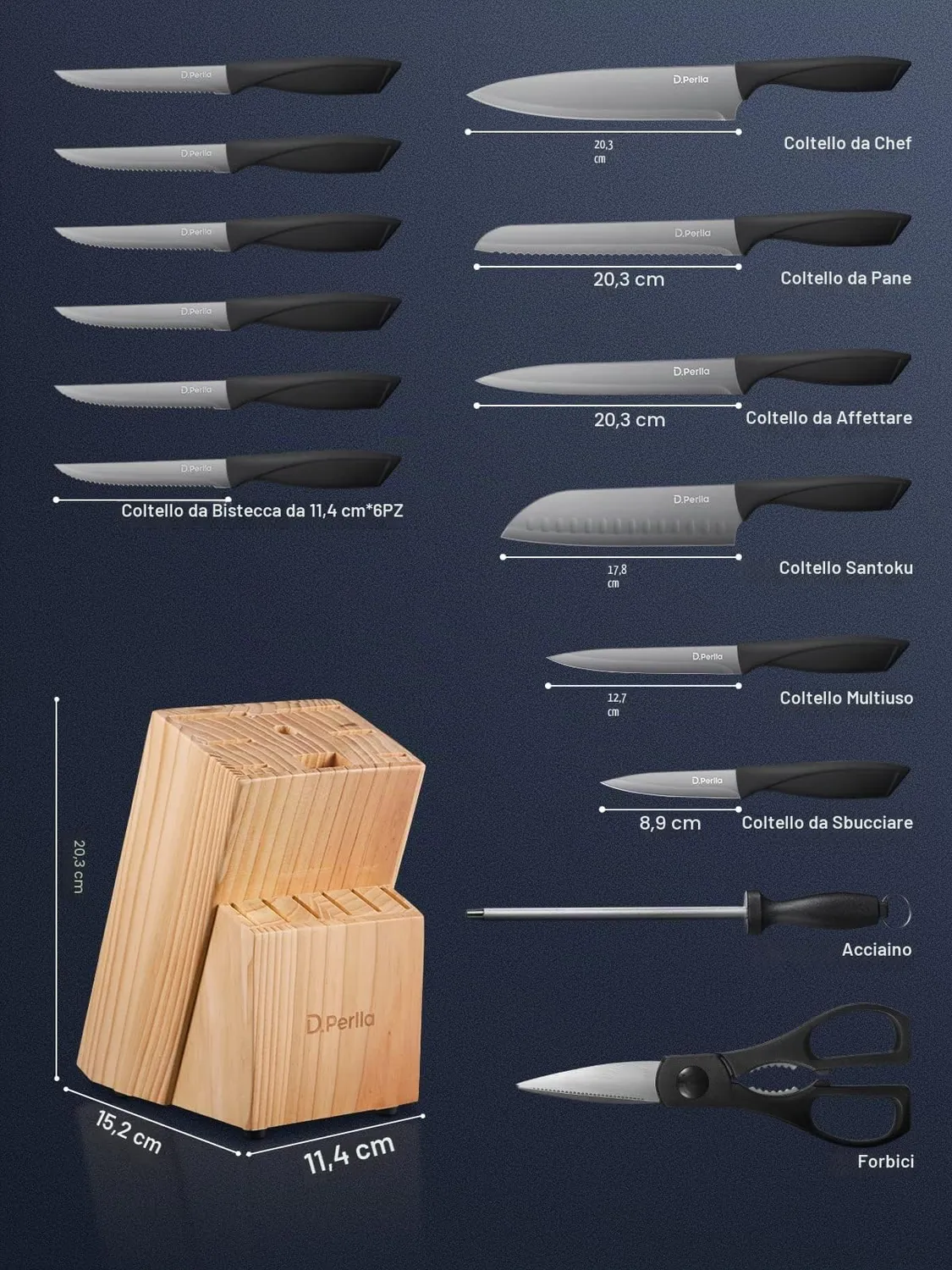 D.Perlla set coltelli 15 pezzi ceppo legno antiaderenti