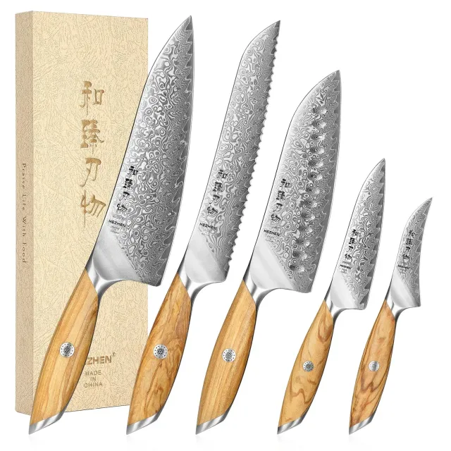 HEZHEN Damasco Set Coltelli Cucina 5 Pezzi Ulivo