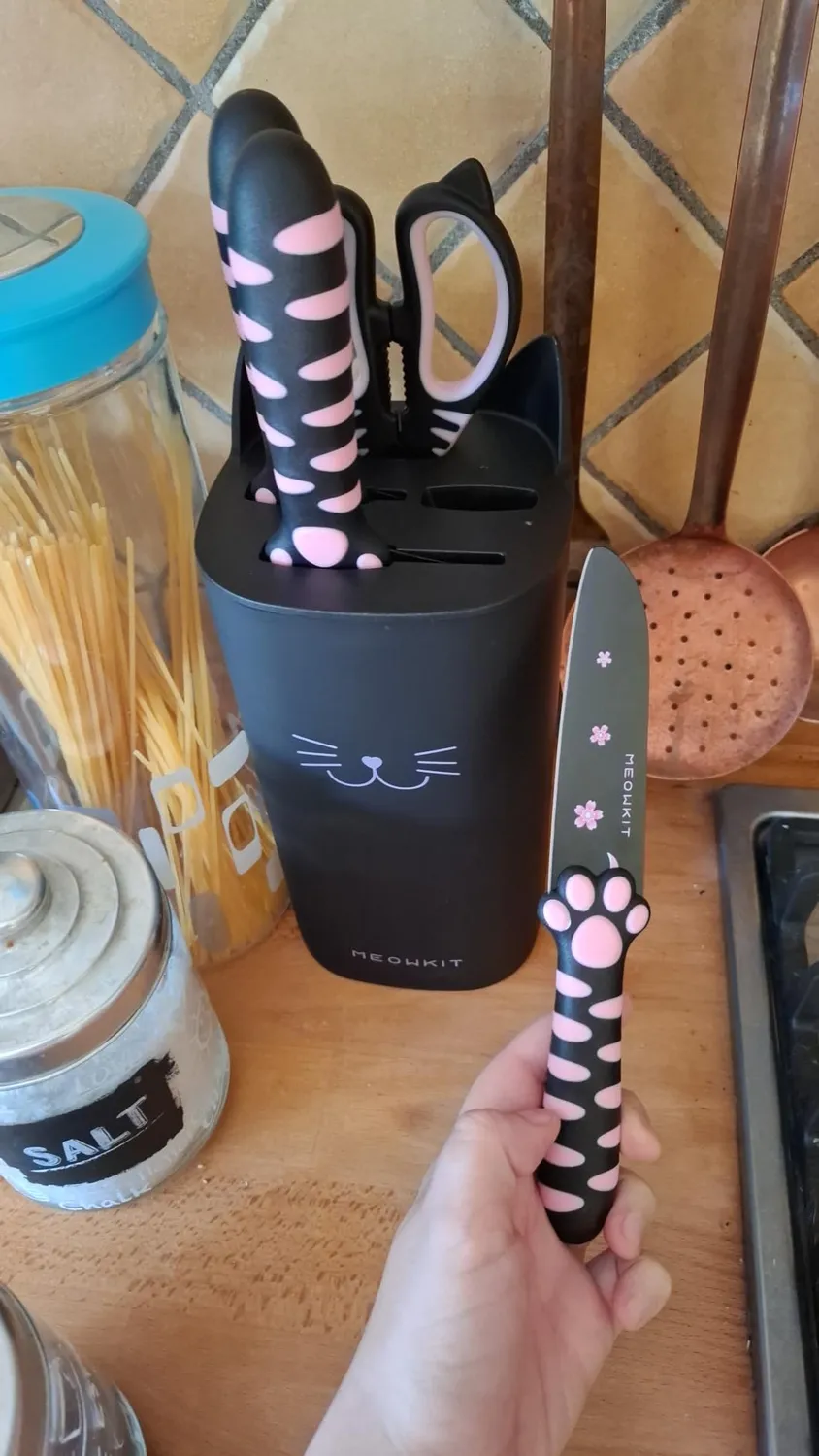 Meowkit Zampa Gatto Set Coltelli Cucina 5 Pezzi Nero-Rosa