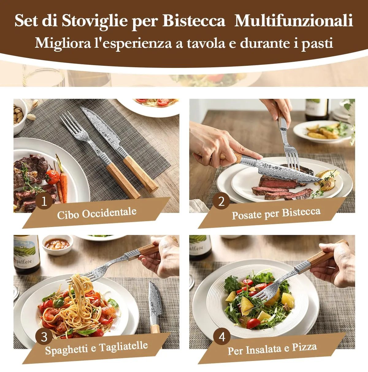 HEZHEN Damasco Set Bistecca Coltello e Forchetta Ulivo