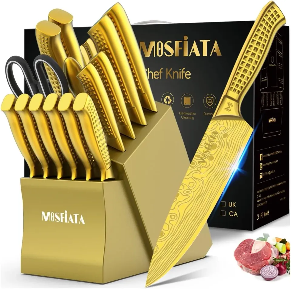 MOSFiATA Set 17 Coltelli Ceppo Oro Acciaio Inox