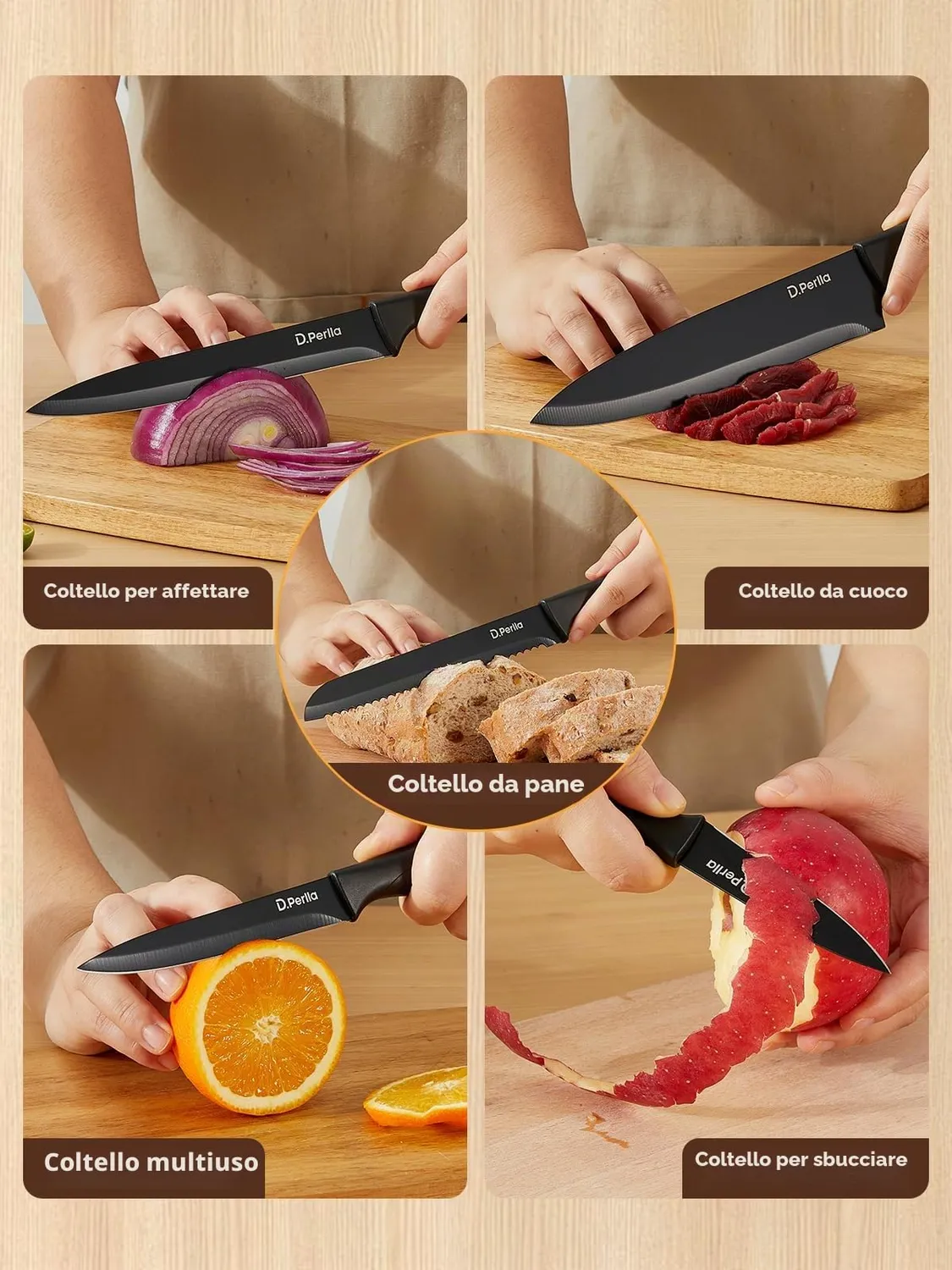 D.Perlla Set Coltelli Cucina 7 Pezzi Nero Antiaderente