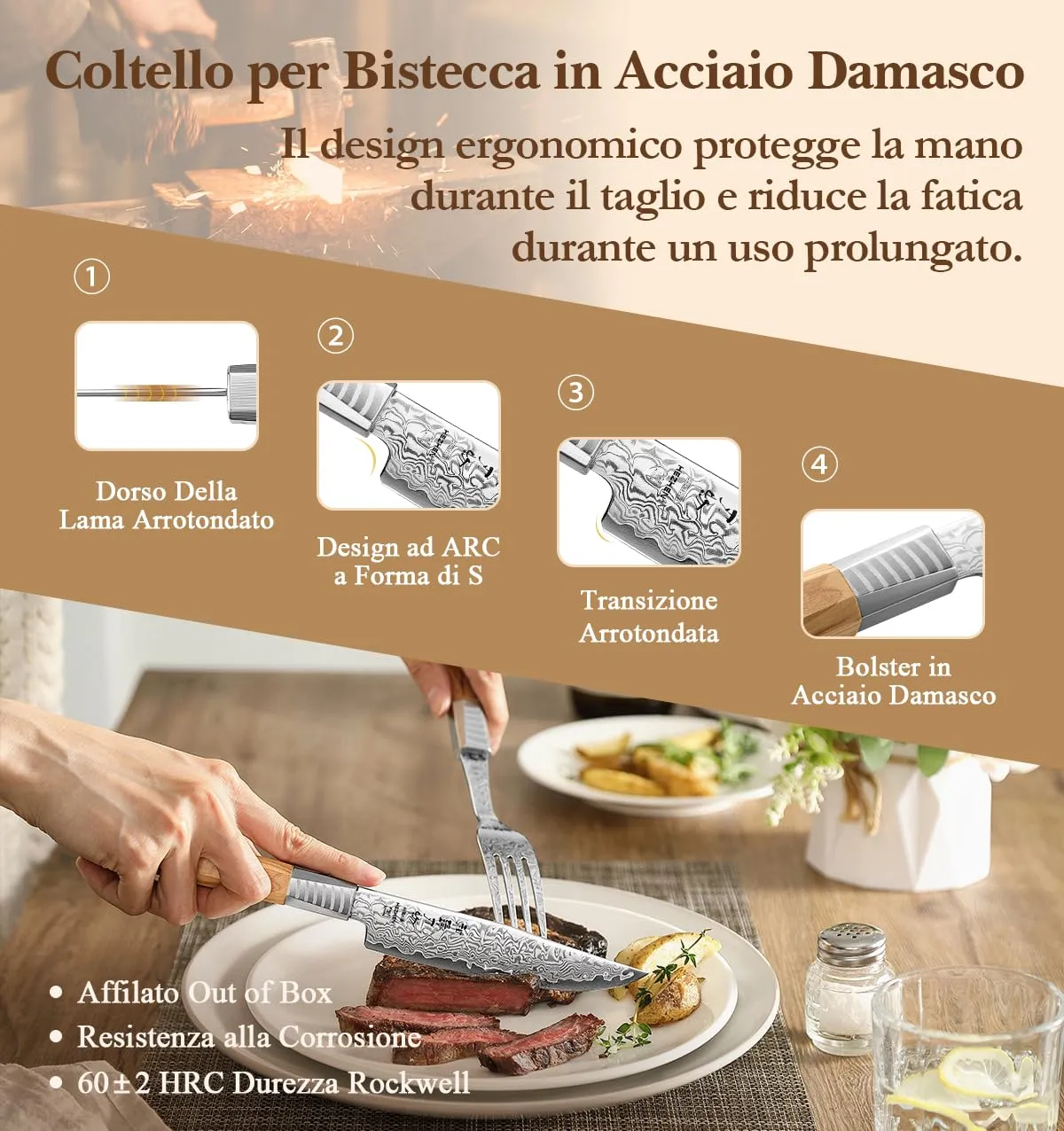 HEZHEN Damasco Set Bistecca Coltello e Forchetta Ulivo