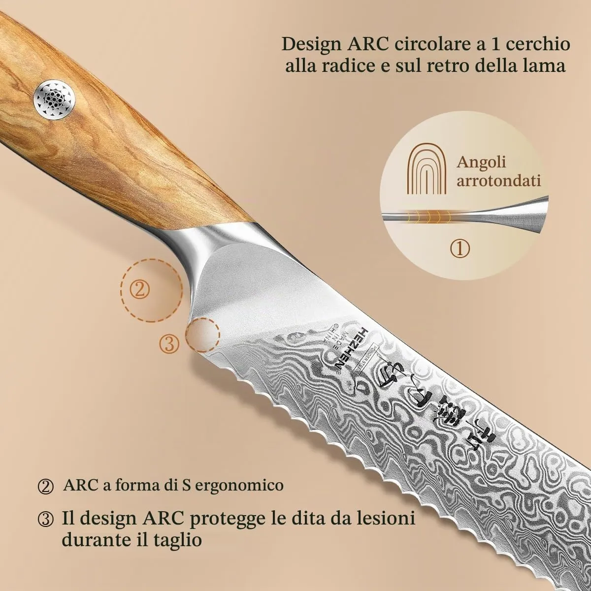 HEZHEN Damasco Set Coltelli Cucina 5 Pezzi Ulivo
