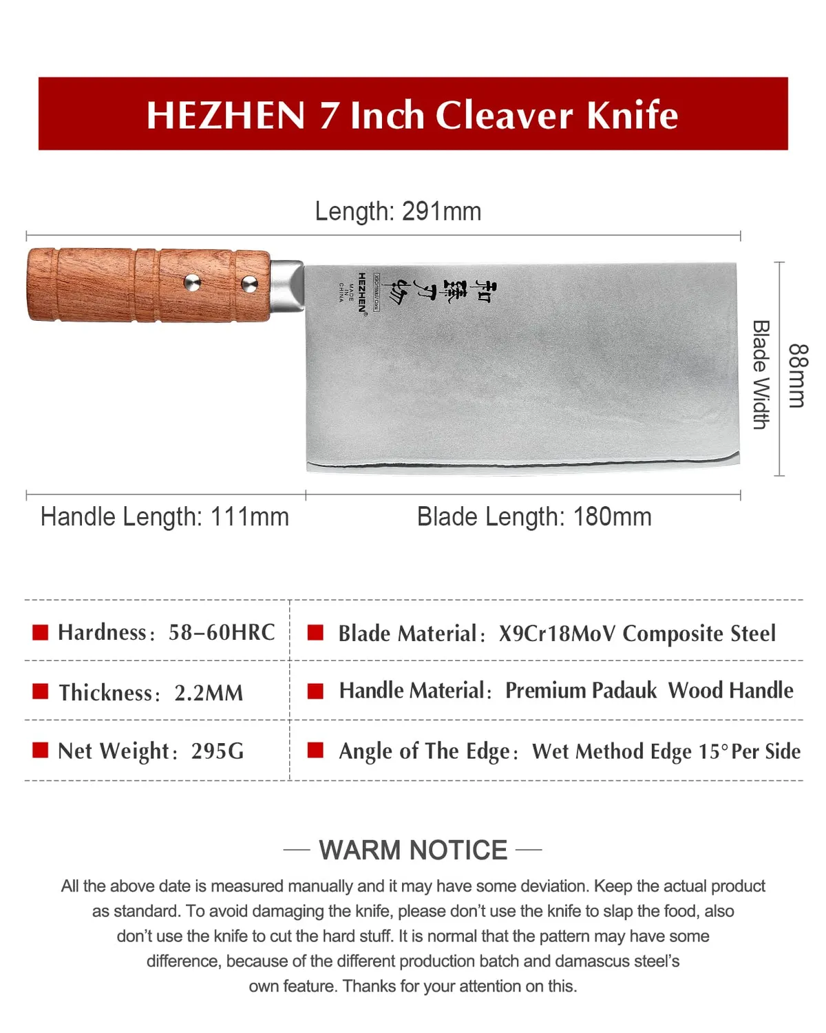Hezhen Mannaia Cinese Coltello 18 cm Legno Padauk