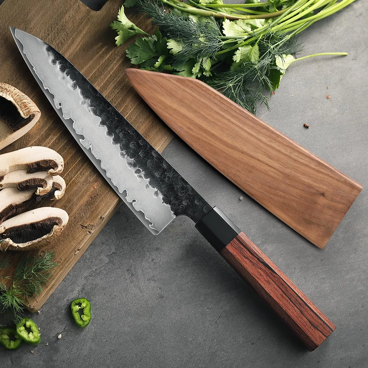 Hezhen Retro coltello da chef con fodero acciaio carbonio