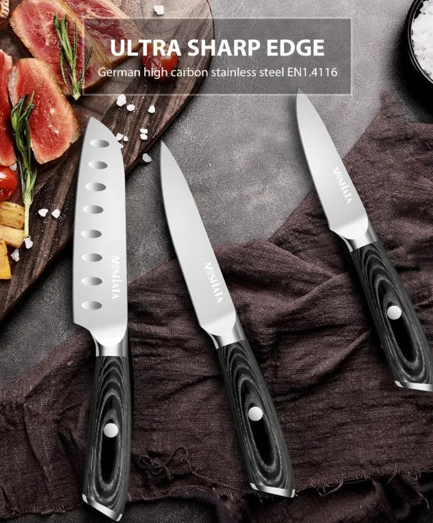 MOSFiATA set 3 coltelli cucina santoku acciaio tedesco